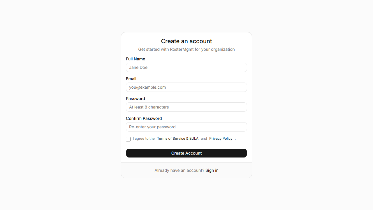 Registration page with terms acceptance