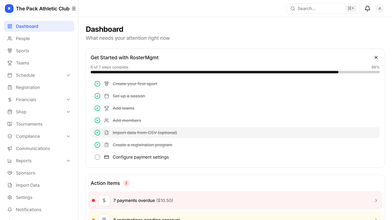 Admin dashboard with onboarding checklist
