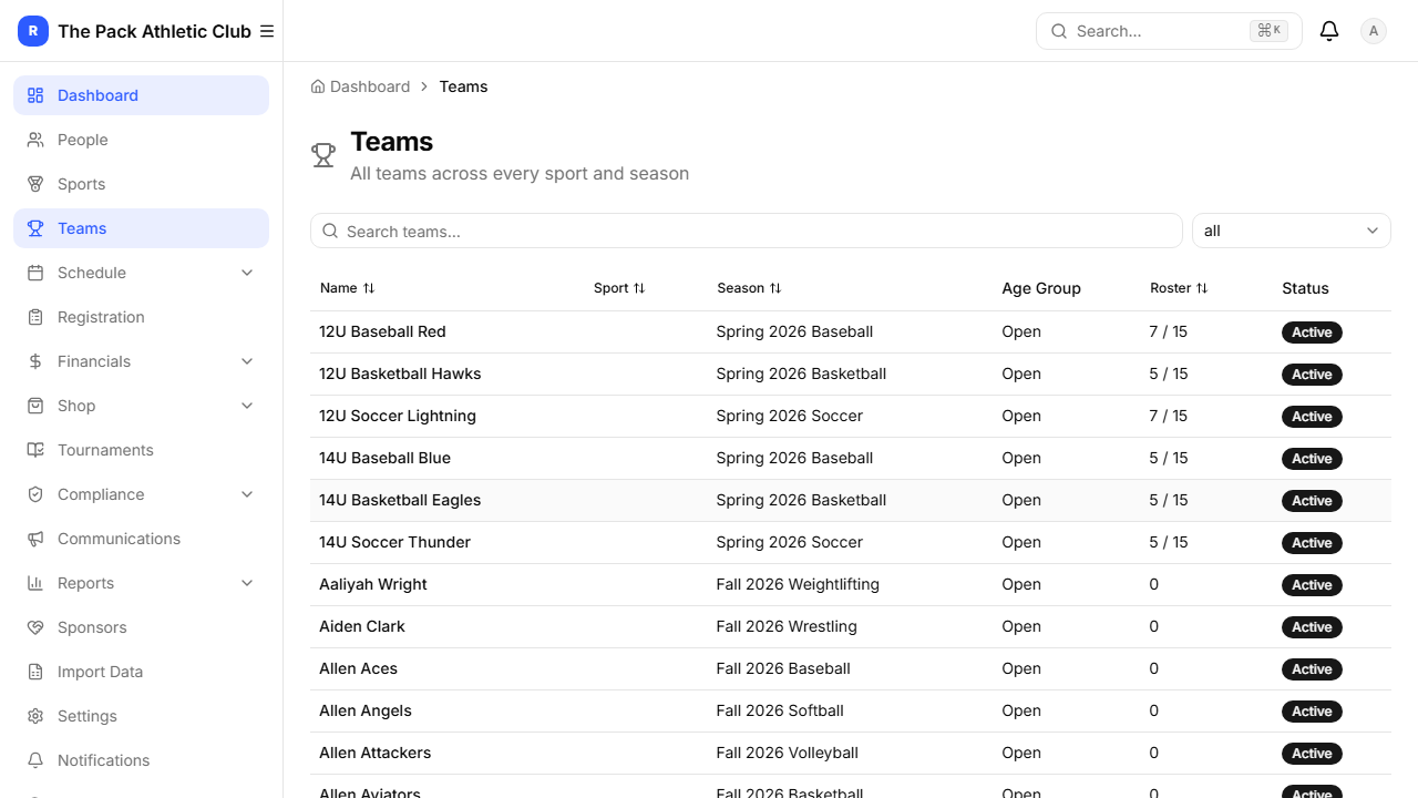 Teams page