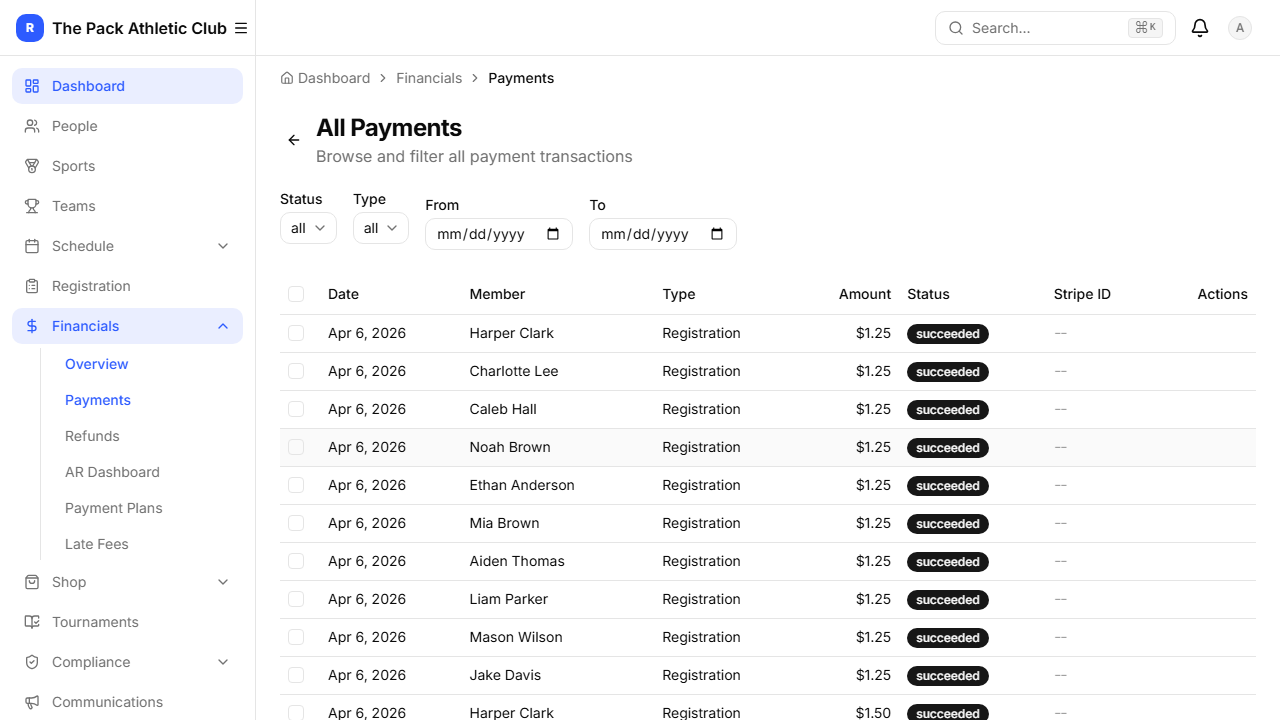 Payments table with refund buttons