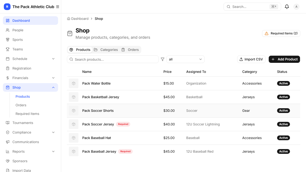 Shop products page
