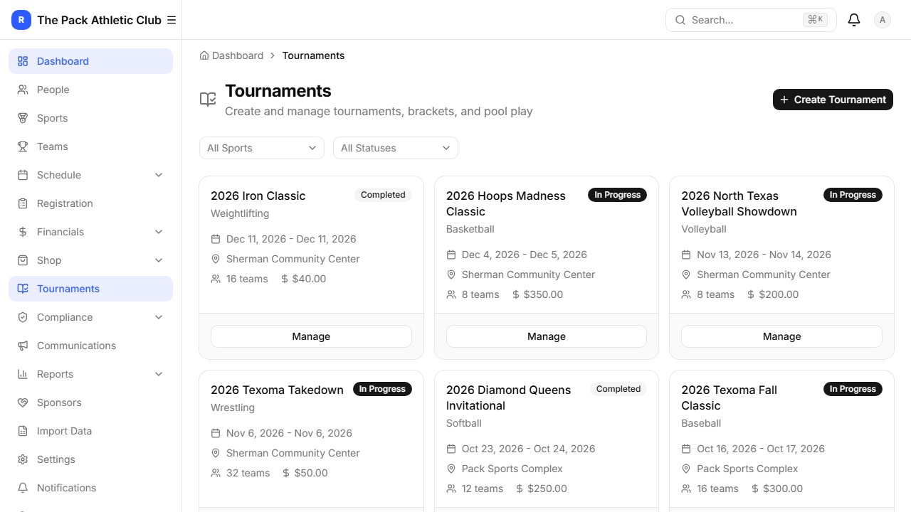 Tournaments page