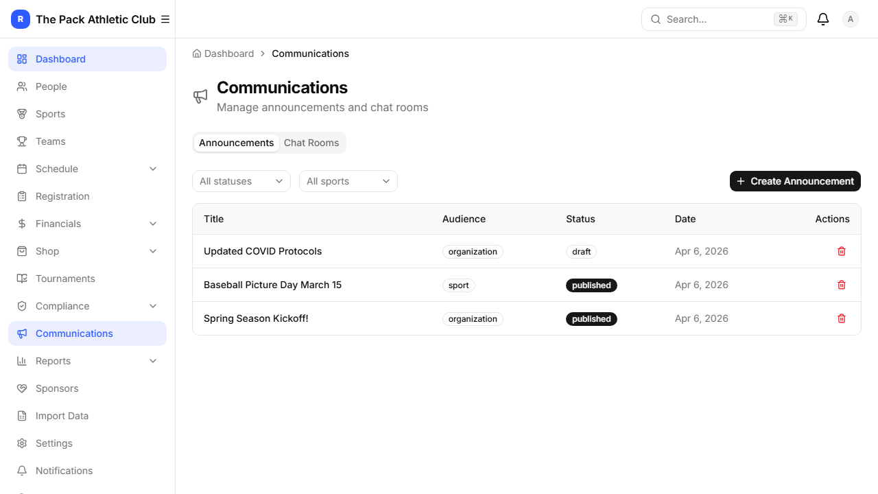 Communications page