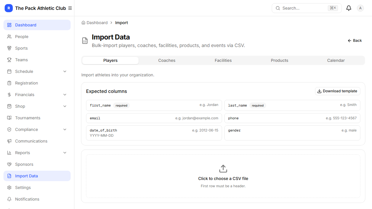 CSV Import page with 5 tabs