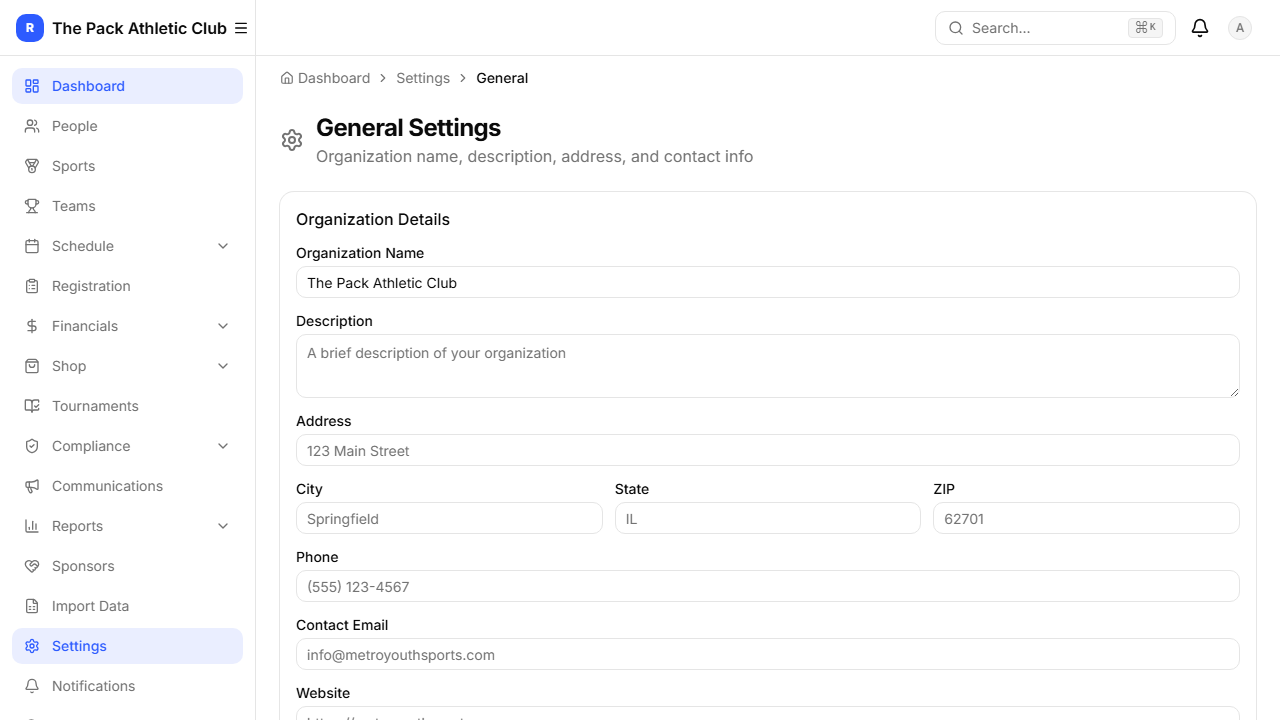 General settings — name, address, timezone