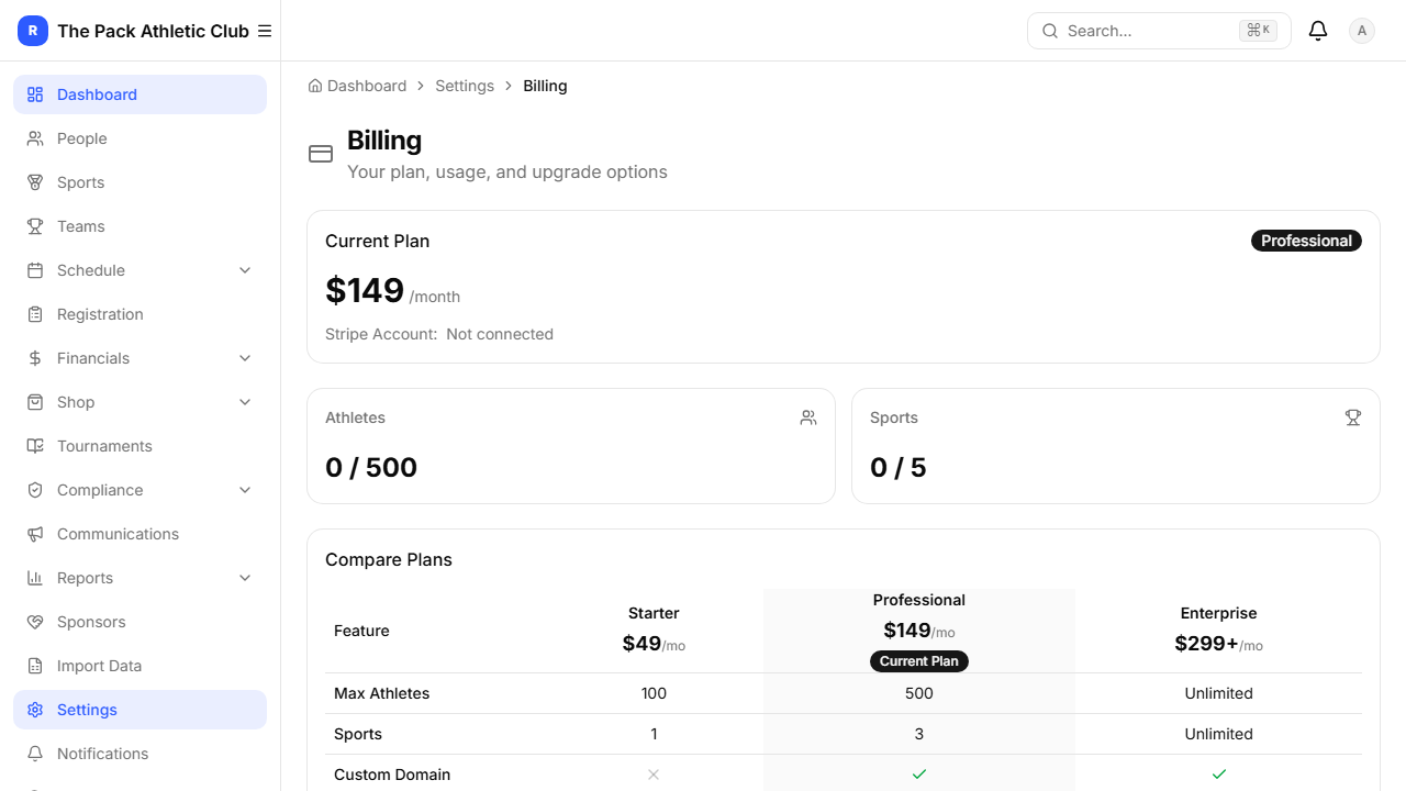 Billing page showing current plan