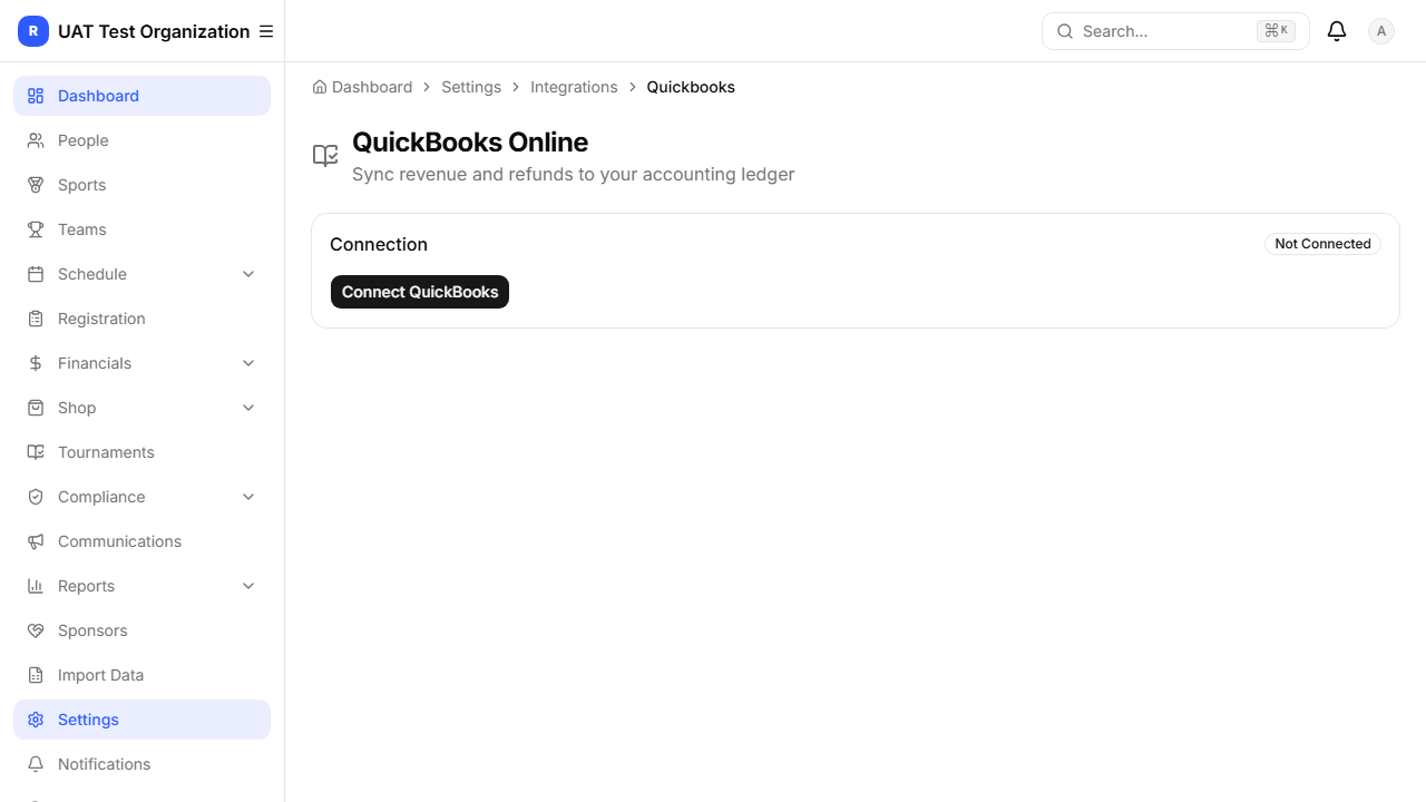 QuickBooks settings — connection status and account mapping
