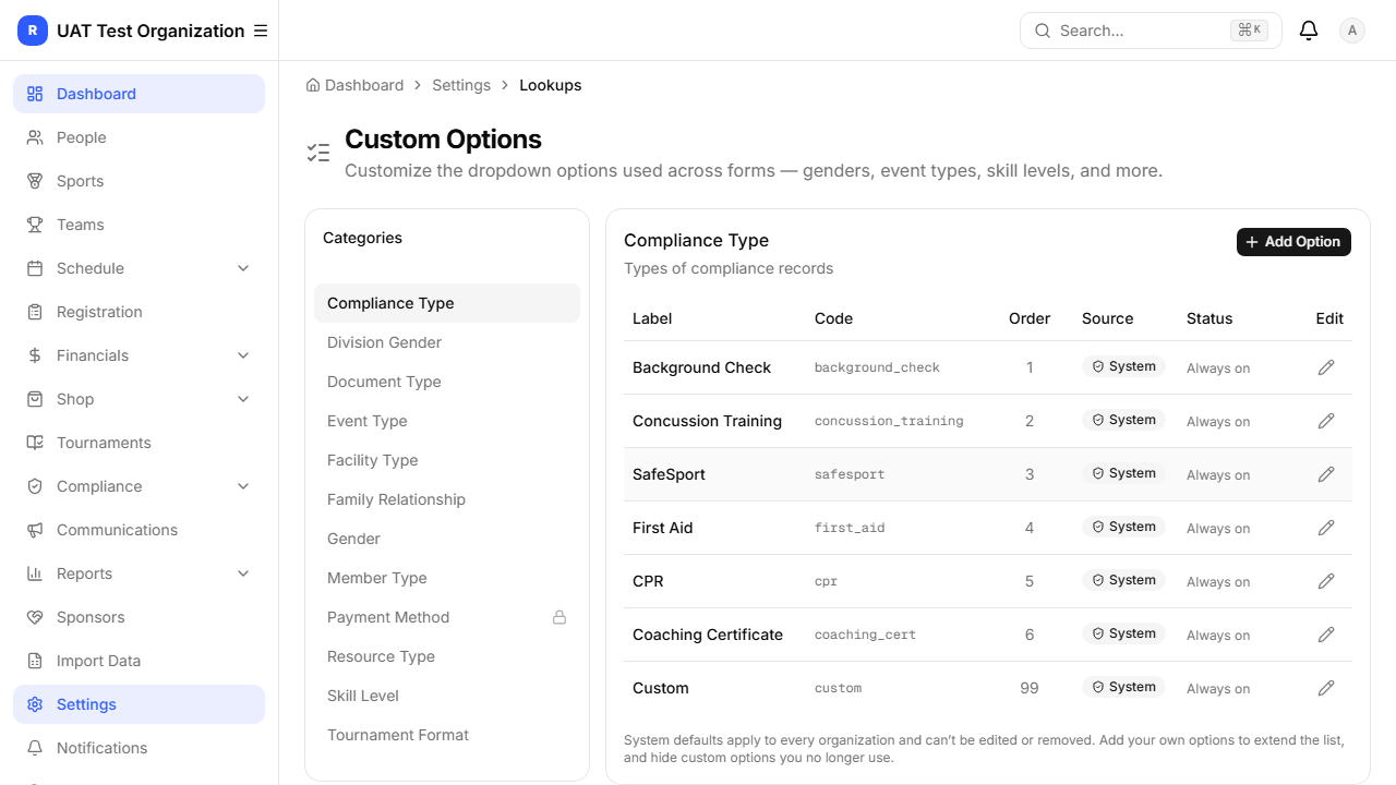 Custom Options page for tenant-specific dropdown values