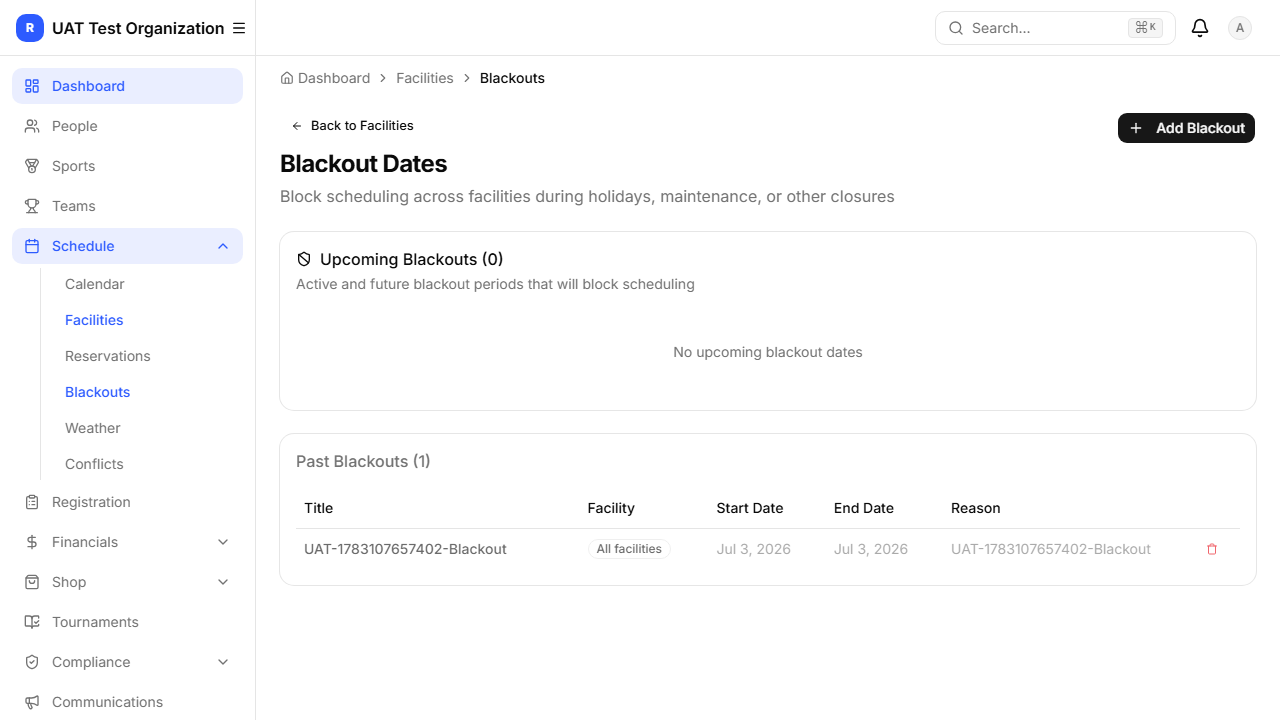 Facility blackout dates page
