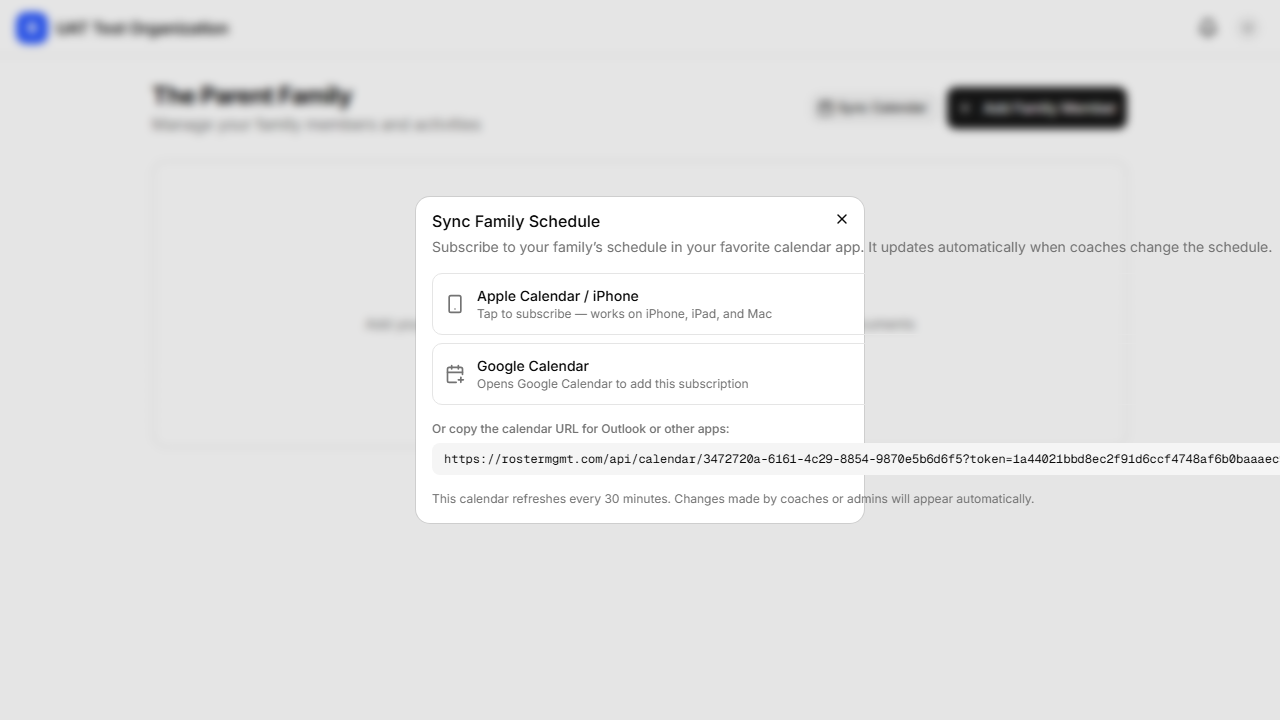 Sync Calendar dialog with Apple and Google subscribe options